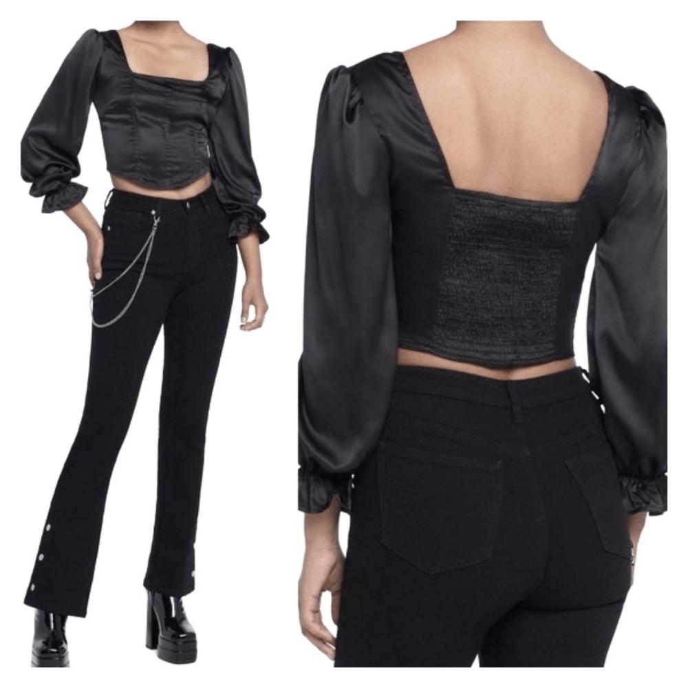 Hot Topic Almost Famous Black Smock Corset Satin Crop Long-Sleeve Top Large
